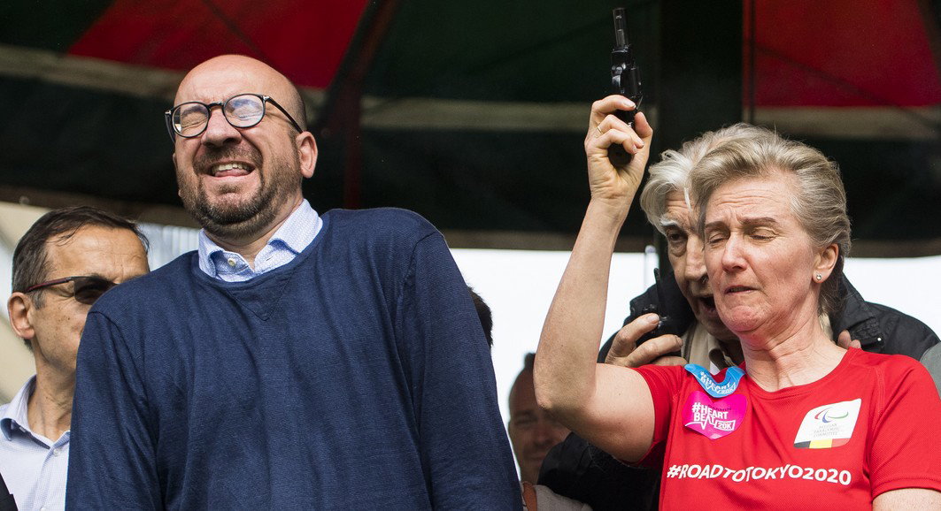 Belgian Prime Minister Charles Michel, Princess Astrid of Belgium and Brussels City mayor Yvan Mayeur give the start of the 38th edition of the Brussels' 20km run, Sunday 28 May 2017, in Brussels. BELGA PHOTO LAURIE DIEFFEMBACQ