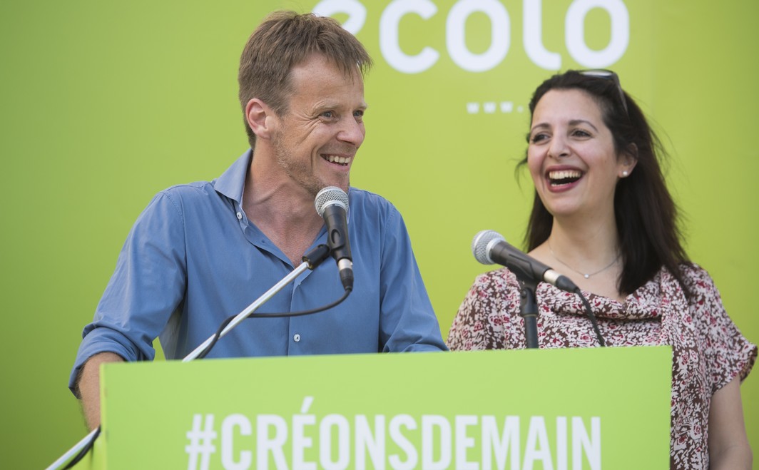 Ecolo chairman Patrick Dupriez and Ecolo co-chairwoman Zakia Khattabi speech at a summer meeting for the September rentree of Ecolo French-speaking green political party, in Massembre domain in Heer, Saturday 27 August 2016. BELGA PHOTO ANTHONY DEHEZ