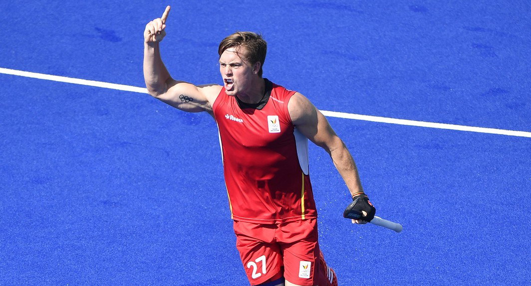 Belgian hockey player Tom Boon celebrates during the game between Belgium Red Lions and India, a quarter final game in the men's field hockey competition at 2016 Olympic Games, Sunday 14 August 2016, in Rio de Janeiro, Brazil. BELGA PHOTO ERIC LALMAND
