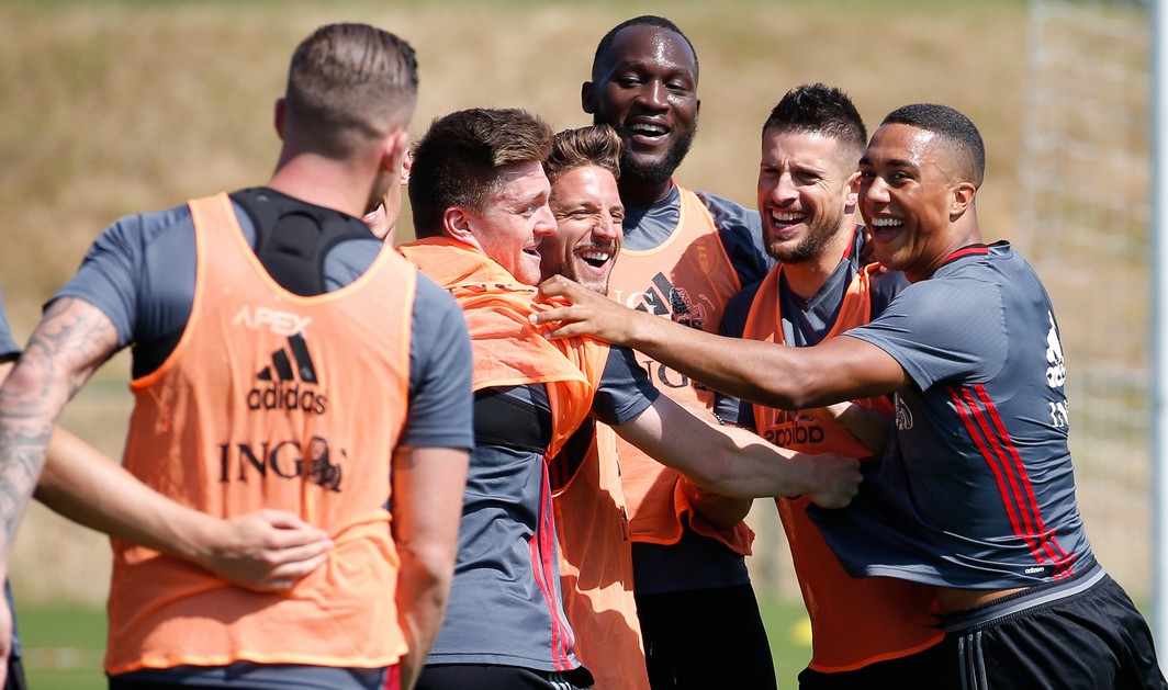 Belgium's Thomas Foket, Belgium's Dries Mertens, Belgium's Romelu Lukaku, Belgium's Kevin Mirallas and Belgium's Youri Tielemans pictured during a training of Belgian national soccer team Red Devils, Friday 02 June 2017, at the Belgian Football Center in Tubize. Belgium plays a friendly game against Czech Republic on 05 June and a World Cup 2018 qualifier in Estonia. BELGA PHOTO BRUNO FAHY