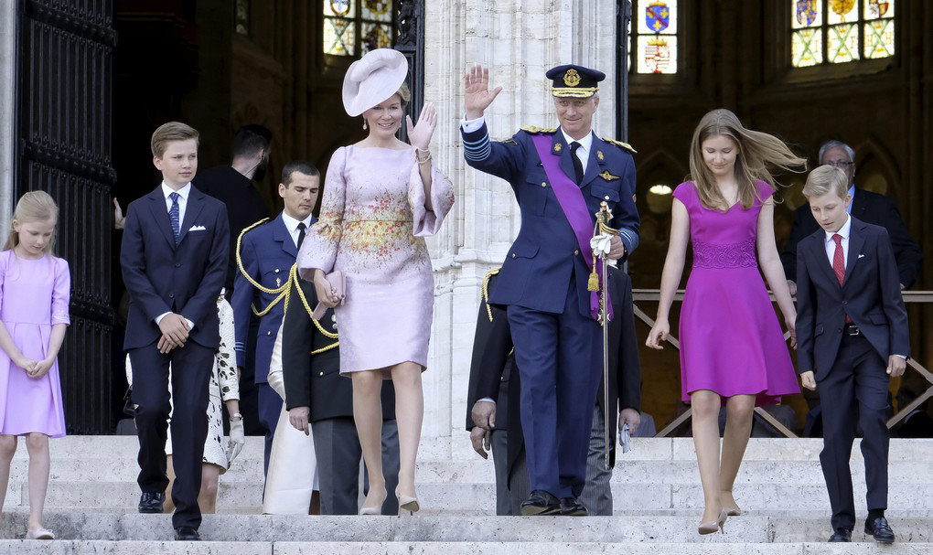 Princess Eleonore, Prince Gabriel, Queen Mathilde of Belgium, King Philippe - Filip of Belgium, Crown Princess Elisabeth and Prince Emmanuel pictured during the Te Deum mass, on the occasion of Today's Belgian National Day, at the Saint Michael and St Gudula Cathedral (Cathedrale des Saints Michel et Gudule / Sint-Michiels- en Sint-Goedele kathedraal) in Brussels, Friday 21 July 2017. BELGA PHOTO NICOLAS MAETERLINCK