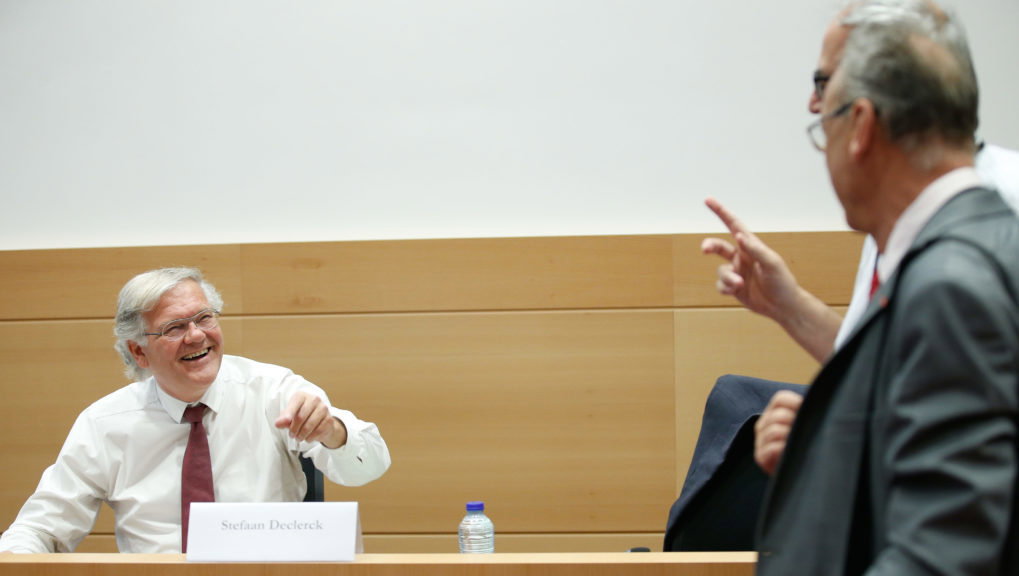 Former Justice Minister Stefaan De Clerck and sp.a's Dirk Van der Maelen pictured during a session of the parliamentary inquiry commission on the plea agreement, at the federal parliament, in Brussels, Friday 14 July 2017. This commission enquire the citconstances which led to the approbation and the application of the law of 14 April 2011 on the plea agreement. BELGA PHOTO BRUNO FAHY