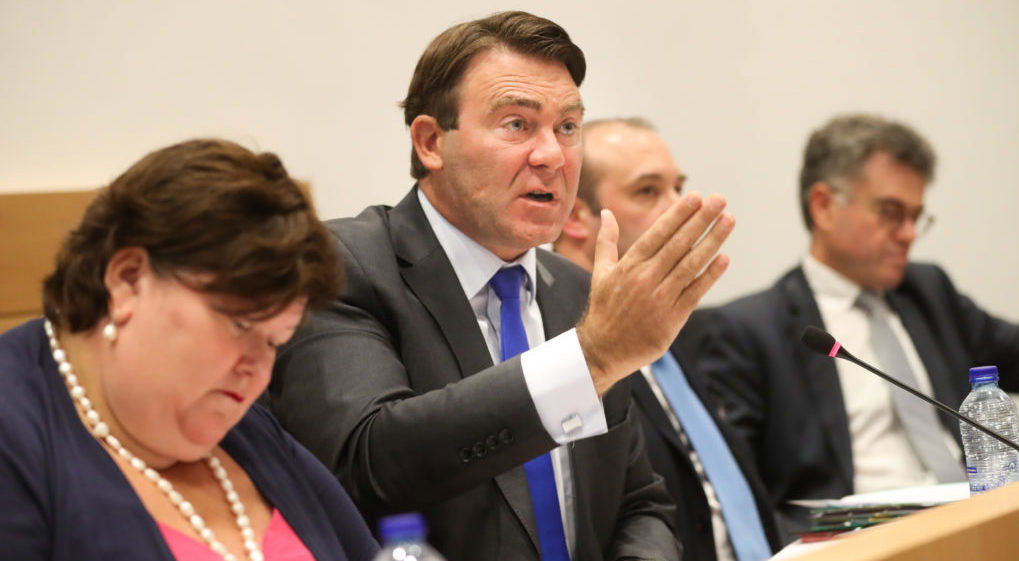 L-R, Minister of Health and Social Affairs Maggie De Block, Minister of SMEs, Entrepreneurs, Agriculture and Social Integration Denis Ducarme, unidentified person and Afsca - FAVV Herman Dierickxs pictured at a hearing of the parliamentary commission for agriculture and public health, at the federal parliament, in Brussels, Wednesday 09 August 2017. The commission will discuss the fipronil contaminated, millions of eggs have been pulled from shops in Belgium, the Netherlands and Germany as fipronil was detected in samples. Insecticide fipronil is used to destroy lice and ticks, but it's forbidden for use with animals intended for human consumption. BELGA PHOTO VIRGINIE LEFOUR