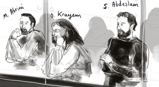 Mohamed Abrini Osama Krayem Salah Abdeslam - Procès Attentat de Bruxelles 22 mars 2016 - Belga Janne Van Woensel Kooy
