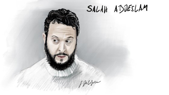 Salah Abdeslam au procès des attentats de Bruxelles. Dessin : Jonathan De Cesare/Belga