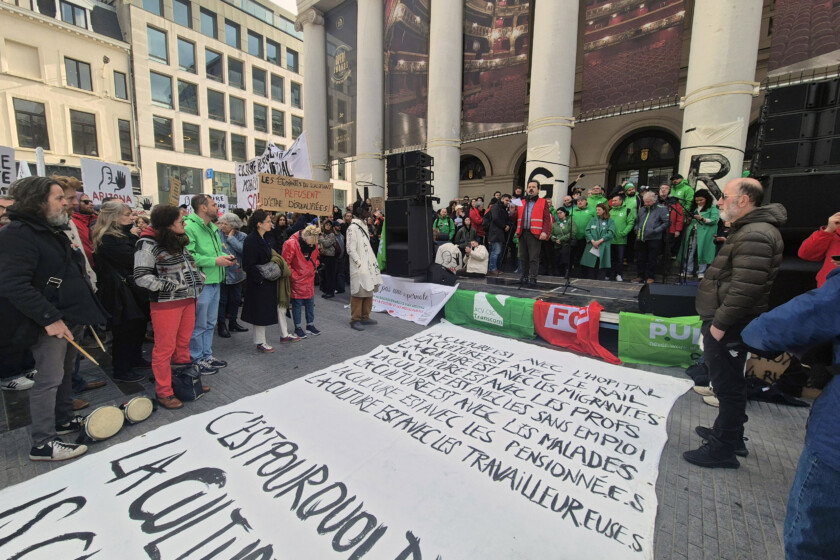 Workers and sympathizers of the cultural sector gather at the Muntplein - Place de la Monnaie square in Brussels for an action during a national strike of socialist trade union FGTB/ABVV and Christian union CSC/ACV, Monday 31 March 2025. The strike is part of a national day of action to protest against the austerity and pension reforms of the federal government. BELGA PHOTO TIMON RAMBOER