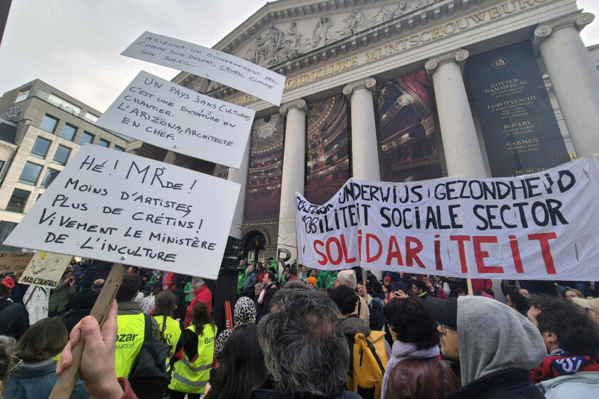 Workers and sympathizers of the cultural sector gather at the Muntplein - Place de la Monnaie square in Brussels for an action during a national strike of socialist trade union FGTB/ABVV and Christian union CSC/ACV, Monday 31 March 2025. The strike is part of a national day of action to protest against the austerity and pension reforms of the federal government. BELGA PHOTO TIMON RAMBOER