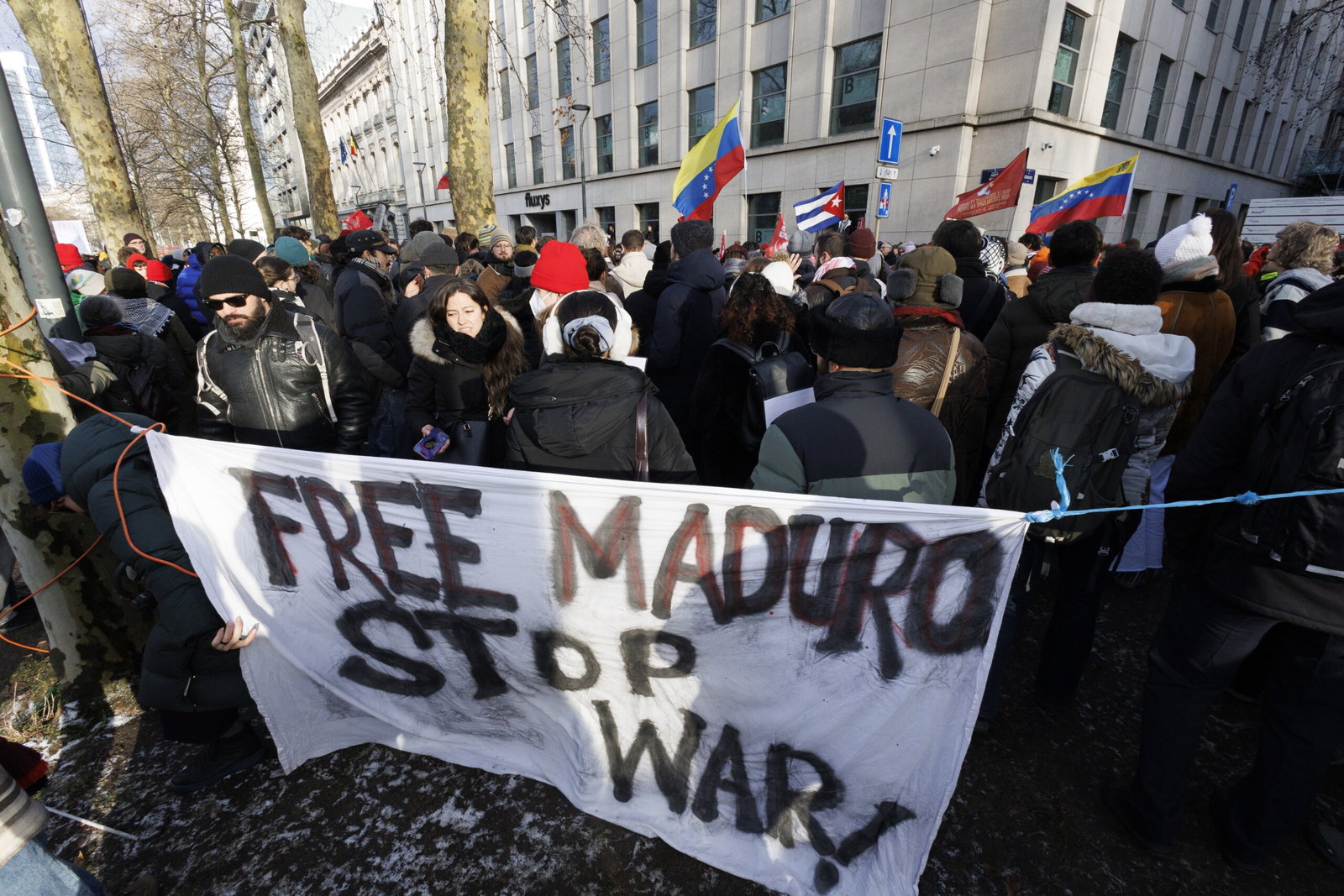 A protest action is organized in front of the embassy of United States to Belgium, in Brussels, Sunday 04 January 2026. BELGA PHOTO NICOLAS MAETERLINCK